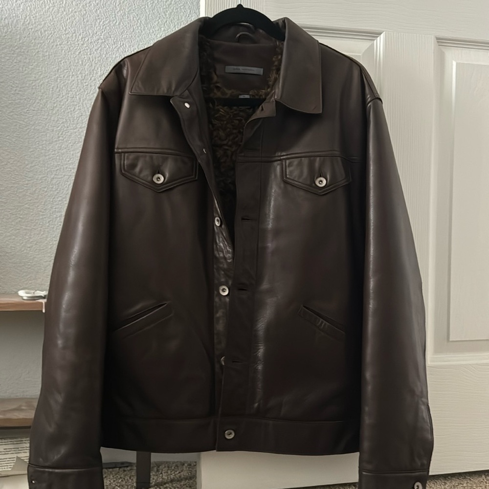 Leather trucker style jacket with soft lining inside